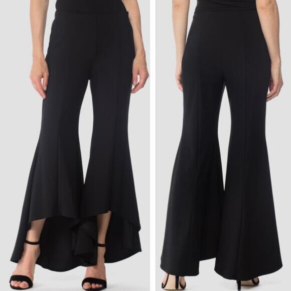 JOSEPH RIBKOFF Silky Knit Flare Hi-low Ruffle Hem Pant Sz 4 Black - Picture 1 of 6